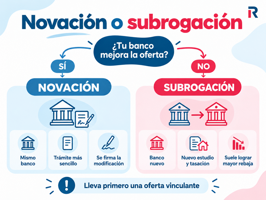 Comparación entre la novación con el banco actual y la subrogación de la hipoteca a un banco nuevo.