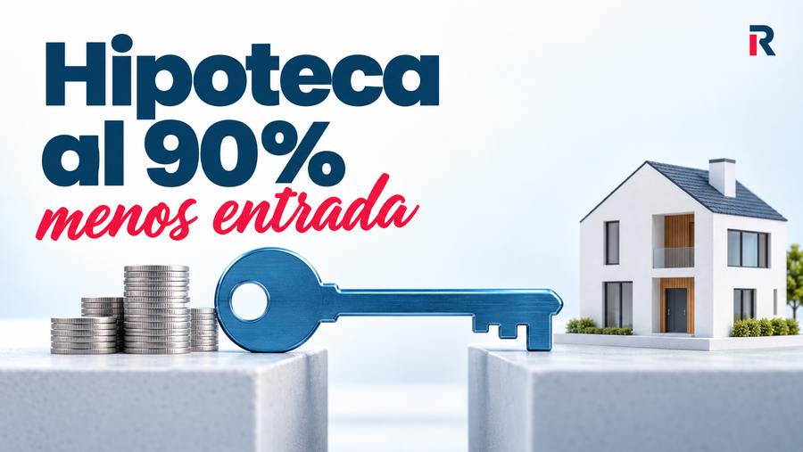 Llave azul que conecta los ahorros del comprador con una vivienda financiada mediante una hipoteca al 90 %.