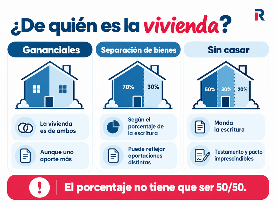 Comparación de la titularidad de una vivienda en gananciales, separación de bienes y parejas no casadas.