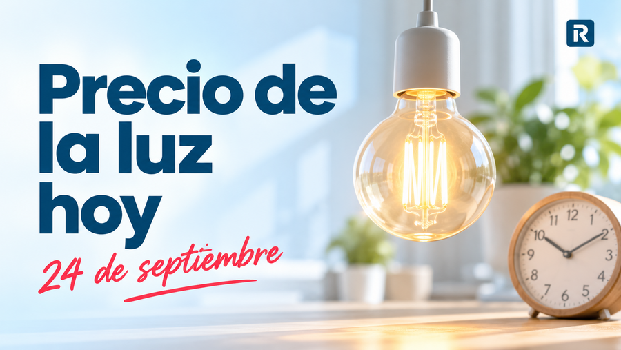 Bombilla encendida junto a un reloj, con el titular «Precio de la luz hoy» y la fecha del 24 de septiembre.