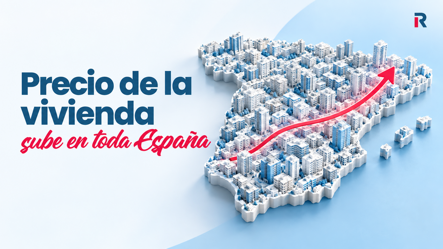 Mapa de España formado por edificios con una flecha ascendente que representa la subida del precio de la vivienda.