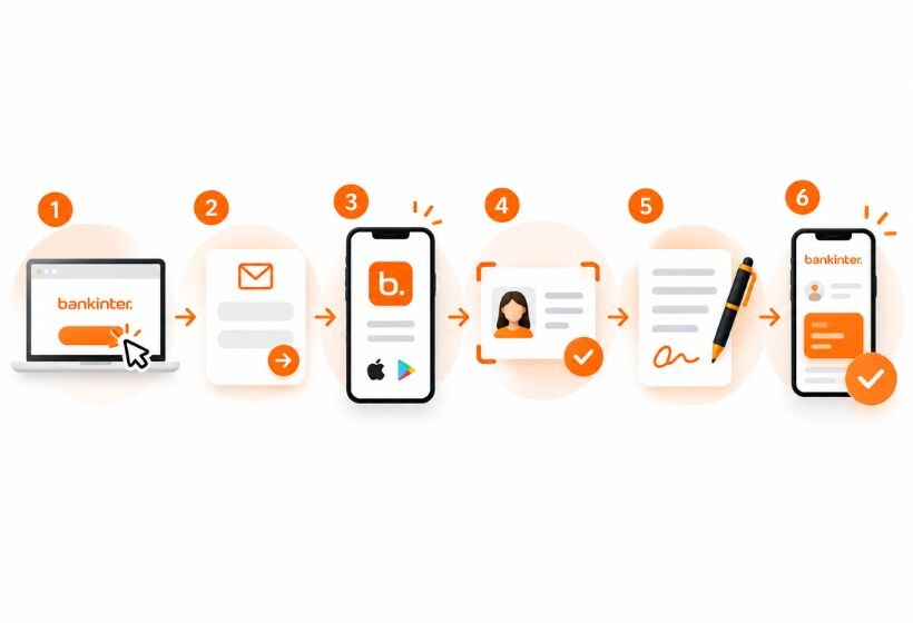 Infografía que muestra los seis pasos para abrir una cuenta Bankinter: iniciar el proceso desde la web, introducir los datos, descargar la app, realizar la identificación, completar y firmar la documentación y finalizar el alta desde el móvil.