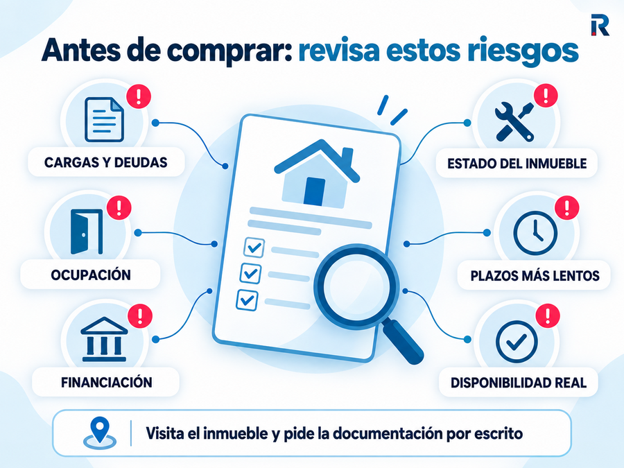 Principales riesgos que deben comprobarse al comprar un piso de Sareb, como deudas, desperfectos, ocupación y trámites lentos.