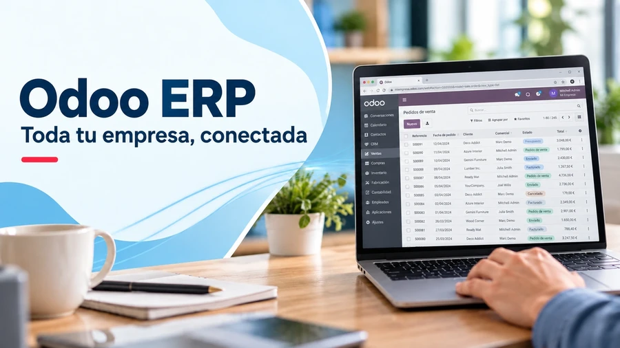 Persona usando un portátil con una interfaz de gestión empresarial en la pantalla.