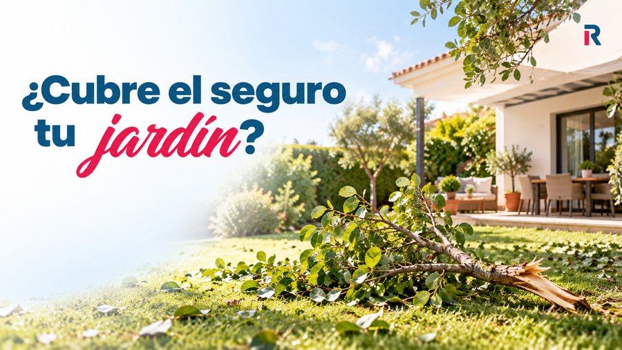 Rama caída sobre el césped de un jardín junto a una vivienda, con el titular «¿Cubre el seguro tu jardín?».