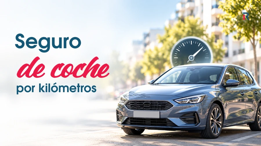 Coche azul junto a un indicador de recorrido para ilustrar el seguro de coche por kilómetros.