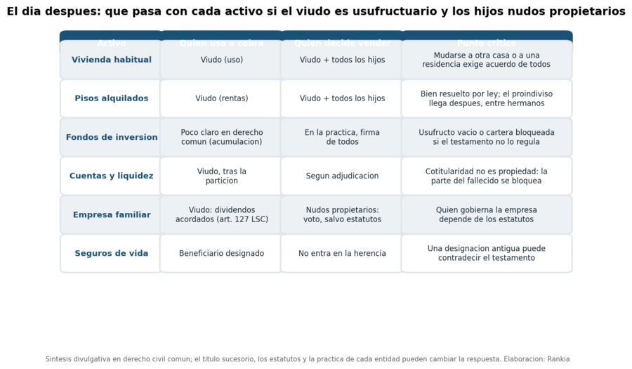 Matriz: activo / quién usa o cobra / quién decide vender / punto crítico