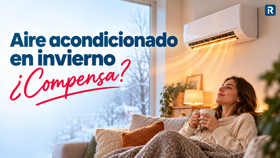 Aire acondicionado en modo calor sobre un salón acogedor en invierno.