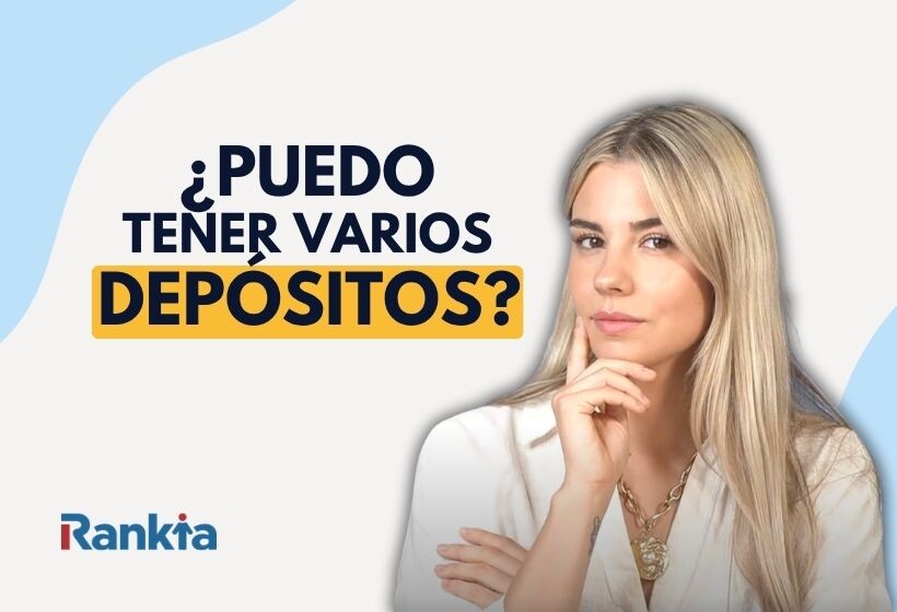 Imagen de Rankia sobre tener varios depósitos a la vez, con una mujer a la derecha y el título en azul oscuro y amarillo sobre un fondo claro. Incluye formas decorativas en azul y amarillo y el logotipo de Rankia en la parte inferior izquierda.