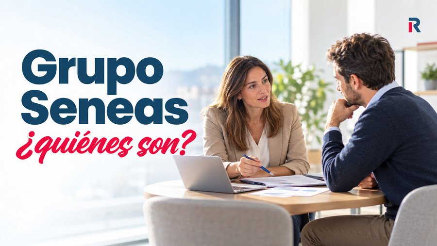 Dos personas conversan sobre documentos de financiación junto al titular «Grupo Seneas: ¿quiénes son?».