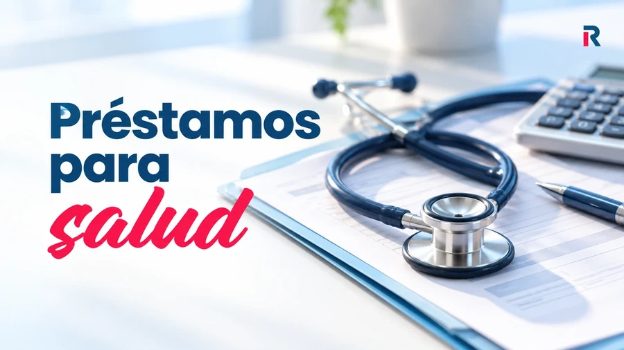 Estetoscopio sobre documentos médicos junto a una calculadora y el titular «Préstamos para salud».