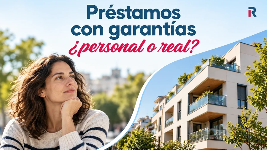 Mujer pensativa junto a un edificio residencial, bajo el titular «Préstamos con garantías: ¿personal o real?».