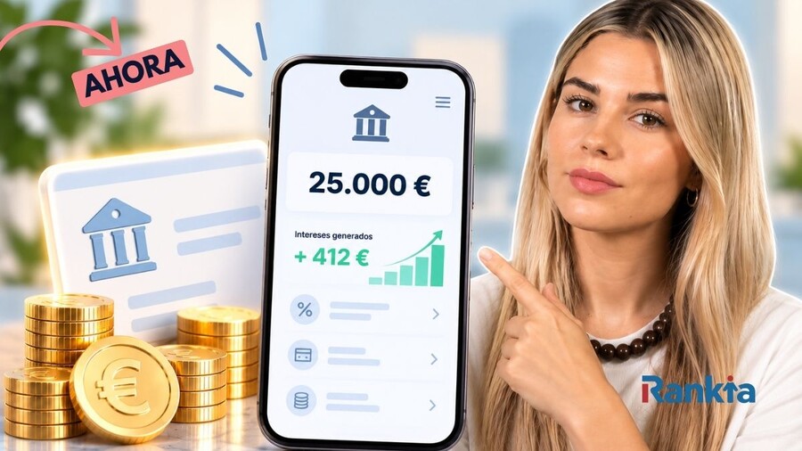 Una mujer señala un móvil con una cuenta remunerada de 25.000 € y 412 € de intereses generados, junto a monedas y billetes de euro, con el logo de Rankia en la esquina inferior derecha.