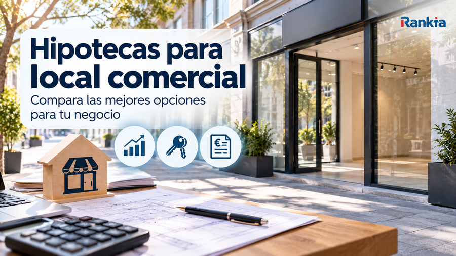 Hipotecas para local comercial con escaparate, planos, calculadora y elementos de financiación empresarial.