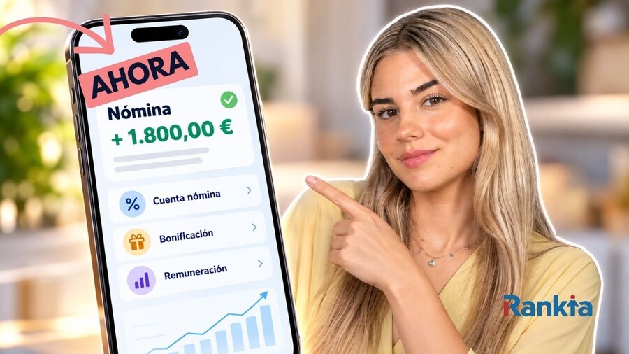 Mujer señalando un móvil con una nómina ingresada de 1.800 € y los apartados cuenta nómina, bonificación y remuneración, junto al logo de Rankia.