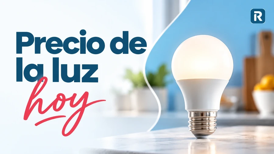 Bombilla LED sobre una encimera con el texto «Precio de la luz hoy» y los colores de Rankia.