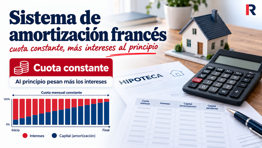 Gráfico del sistema de amortización francés con una hipoteca, calculadora y barras que muestran cómo bajan los intereses y aumenta el capital amortizado.