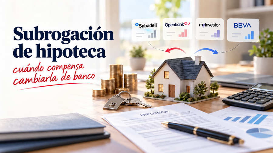 Casa en miniatura con llaves, monedas, documentos hipotecarios y referencias a Sabadell, Openbank, MyInvestor y BBVA en una imagen sobre subrogación de hipoteca.
