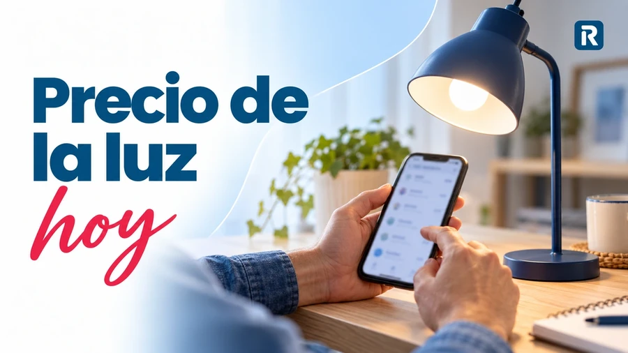 Persona consultando su móvil junto a una lámpara encendida, con el titular «Precio de la luz hoy».