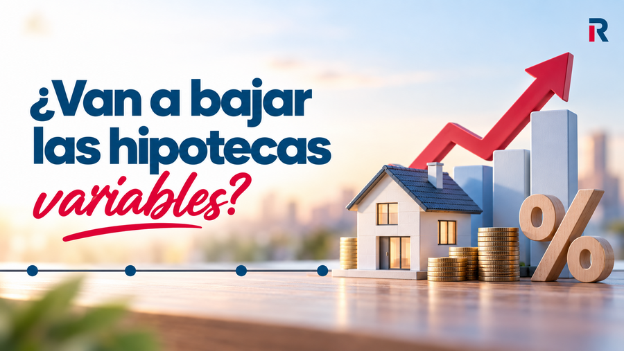 Casa junto a monedas, símbolo de porcentaje y gráfico ascendente para representar la subida de las hipotecas variables y del euríbor en 2026.