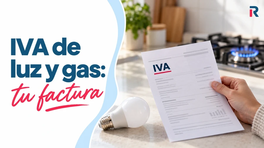Factura con el IVA destacado, junto a una bombilla y un fogón de gas encendido.
