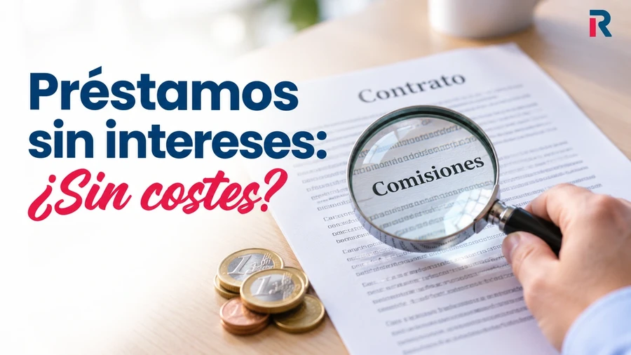 Lupa destacando las comisiones de un contrato junto a monedas, para representar la revisión de costes en préstamos sin intereses.