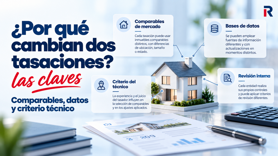 Infografía que explica por qué dos tasaciones de una misma vivienda pueden dar valores distintos según comparables, bases de datos, criterio técnico y revisión interna.