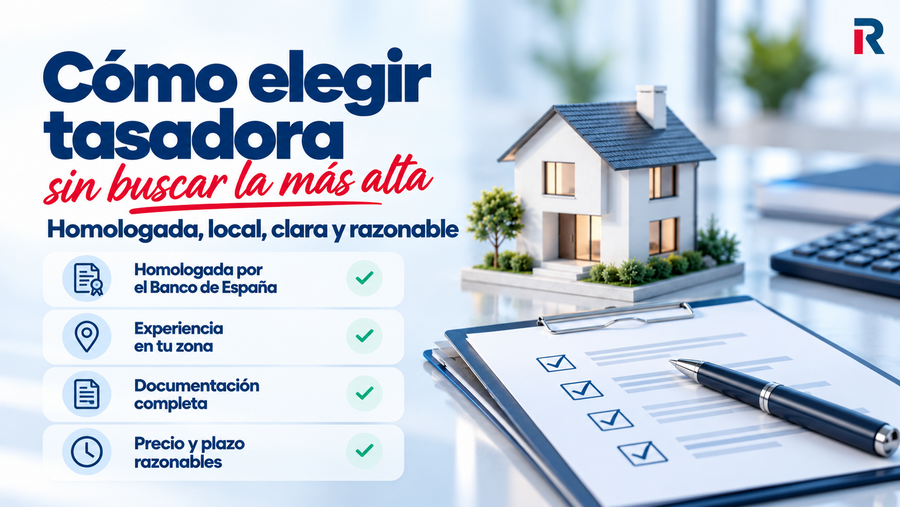 Infografía con cuatro criterios para elegir tasadora: homologación por el Banco de España, experiencia en la zona, documentación completa y precio y plazo razonables.