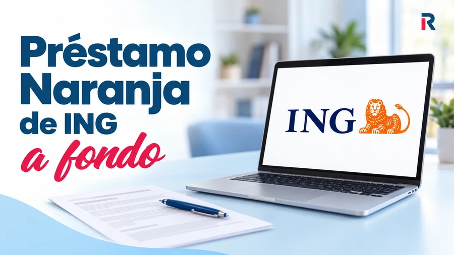 Portátil con el logotipo de ING, documentación y titular «Préstamo Naranja de ING a fondo», con la identidad visual de Rankia.