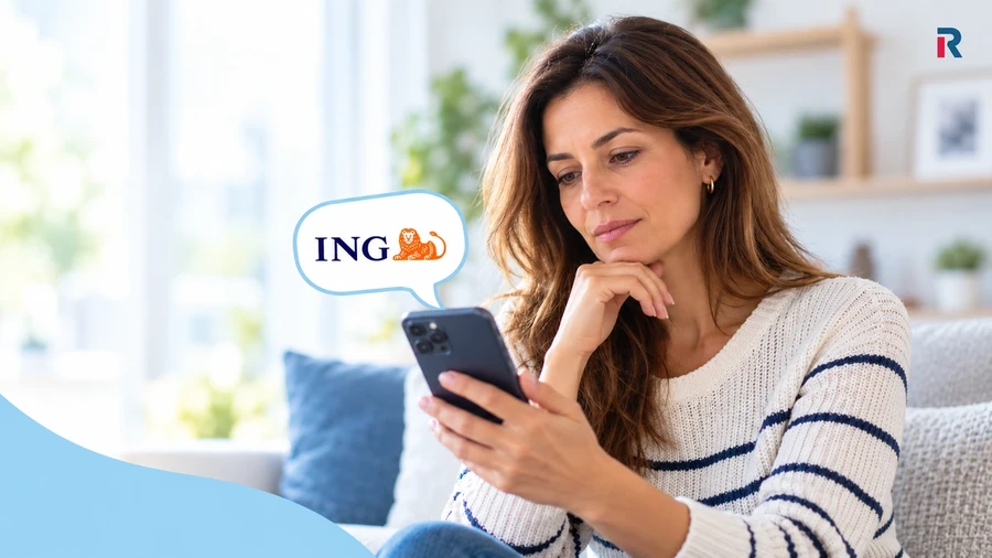 Mujer consultando su móvil junto a un bocadillo con el logotipo de ING.
