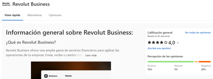 Opiniones de Revolut Business en Rankia, con una valoración de 4 sobre 5 basada en 82 opiniones.