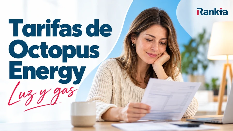 Mujer revisando una factura doméstica junto al titular «Tarifas de Octopus Energy: luz y gas».