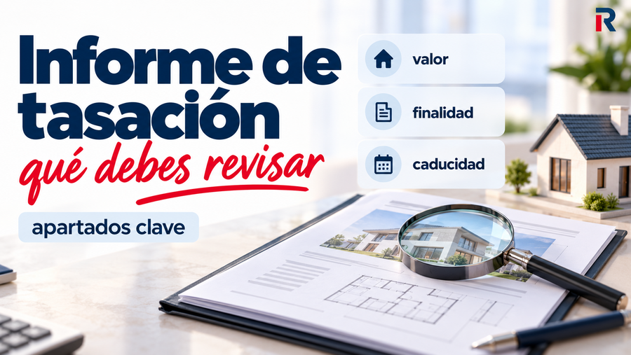 Portada sobre un informe de tasación de vivienda con documento, lupa y casa, destacando los apartados de valor, finalidad y caducidad.