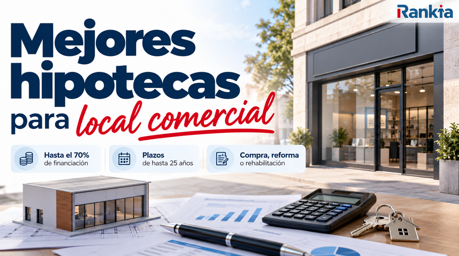 Portada sobre las mejores hipotecas para local comercial con un establecimiento, maqueta de local, calculadora y documentación financiera, destacando financiación de hasta el 70% y plazos de hasta 25 años.