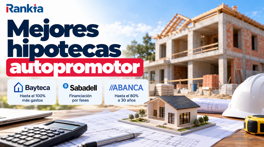 Portada sobre las mejores hipotecas autopromotor con una vivienda en construcción, planos, maqueta de casa, casco de obra, calculadora y herramientas de construcción.