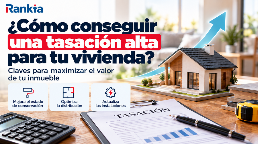 Infografía sobre cómo conseguir una tasación alta para una vivienda, con una casa, informe de tasación, calculadora y claves como mejorar el estado, optimizar la distribución y actualizar las instalaciones.
