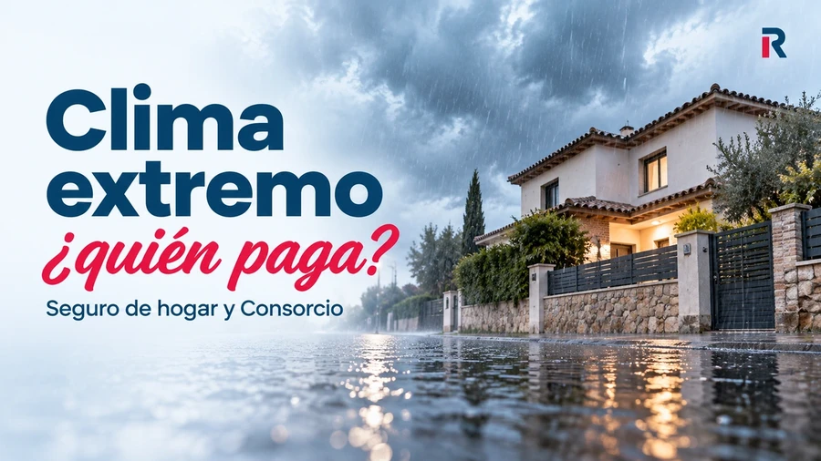 Vivienda bajo lluvia intensa y calle anegada, con el titular «Clima extremo: ¿quién paga?».