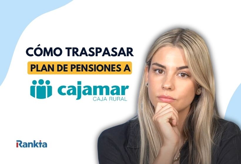 Imagen de una mujer señalando una guía visual sobre cómo traspasar un plan de pensiones a Cajamar, con el logotipo de la entidad sobre un fondo azul y amarillo.
