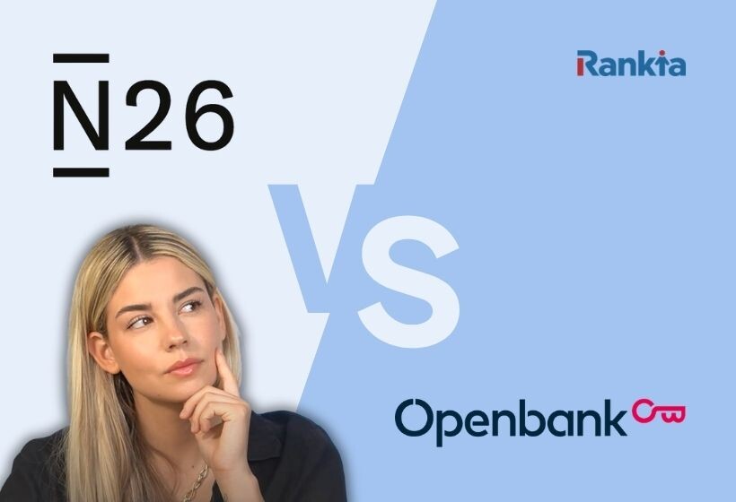 Mujer pensativa entre los logos de N26 y Openbank, separados por un “VS”, en la portada de la comparativa de Rankia.