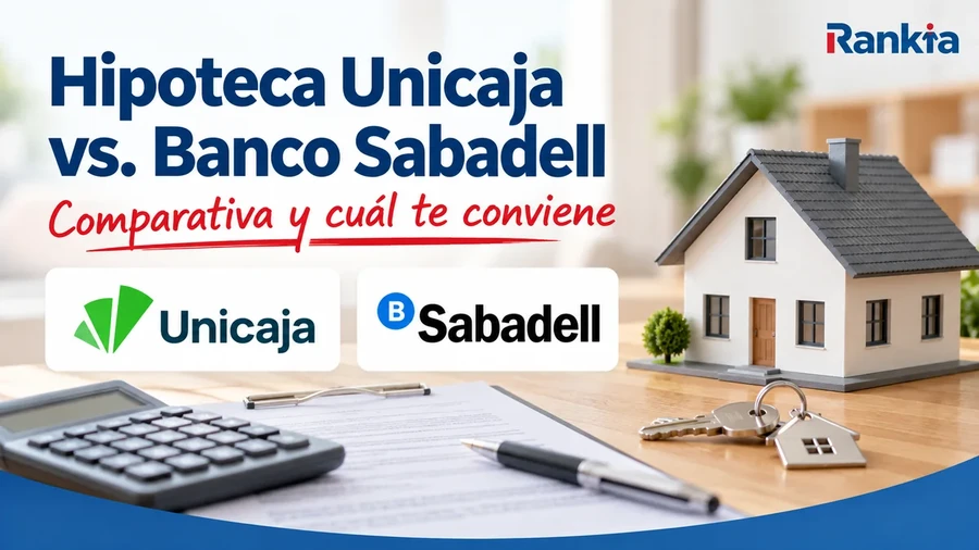 Comparativa de hipotecas Unicaja vs. Banco Sabadell, con los logotipos de ambos bancos, una vivienda, llaves, calculadora y documentación hipotecaria.