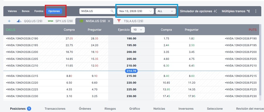 Opciones sobre una acción estadounidense en la plataforma de Freedom24