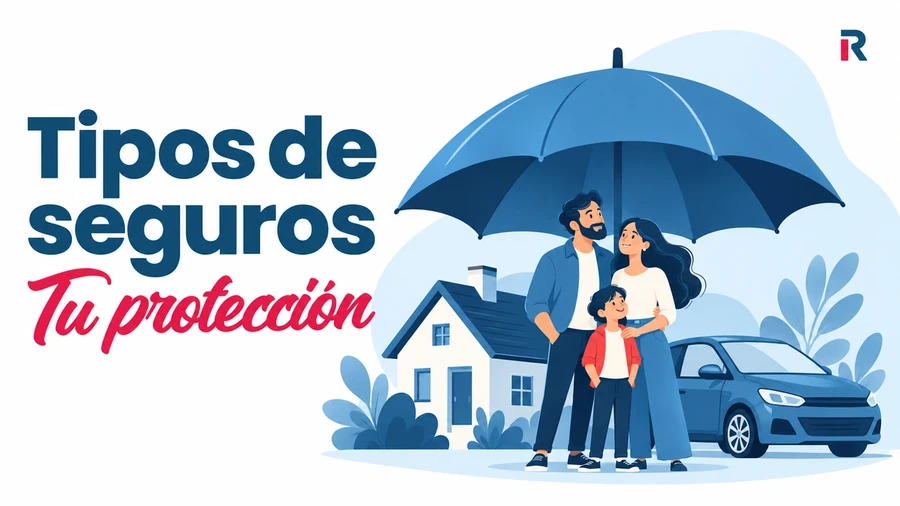 Familia, casa y coche bajo un paraguas protector que representa distintos tipos de seguros.