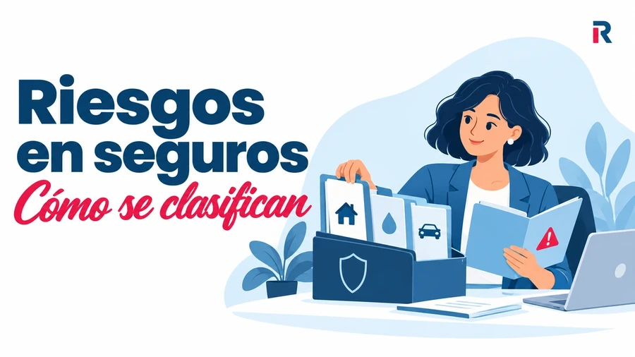 Analista clasificando expedientes con símbolos de vivienda, agua y coche para evaluar riesgos en seguros.