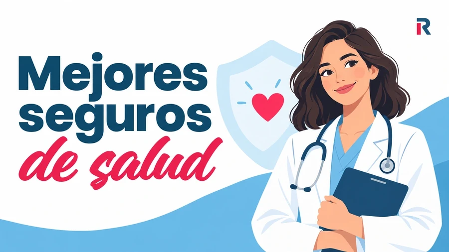 Médica ilustrada junto a un escudo con un corazón y el titular «Mejores seguros de salud», con los colores de Rankia.