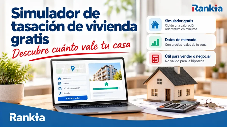 Simulador de tasación de vivienda gratis, con un ordenador portátil para calcular el valor orientativo de una casa online, junto a una maqueta de vivienda y una calculadora.