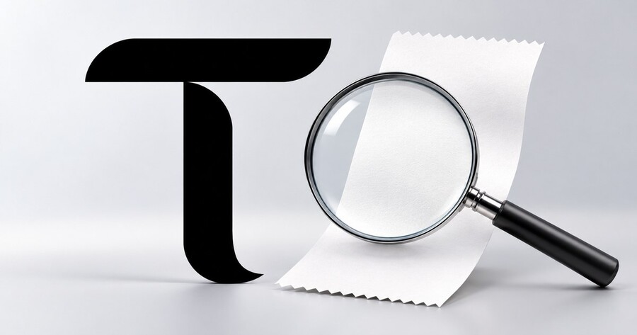 Logo oficial de Bittensor junto a una lupa sobre un recibo sin texto para representar la comprobación de pagos.