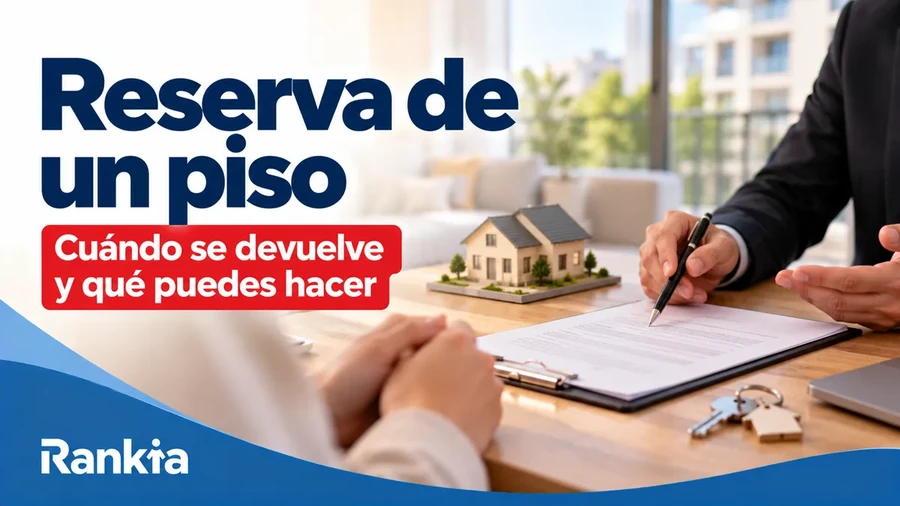 Reserva de un piso: cuándo se devuelve el dinero, con un comprador revisando un contrato inmobiliario junto a una maqueta de vivienda y unas llaves.