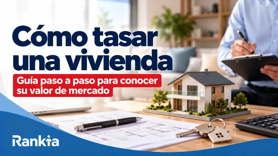 Cómo tasar una vivienda paso a paso, con un tasador revisando la documentación de una casa, planos inmobiliarios, una maqueta de vivienda y llaves.