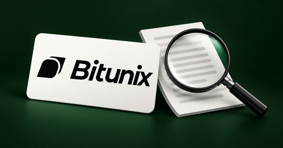 Logotipo de Bitunix junto a una lupa sobre un documento, en un fondo oscuro