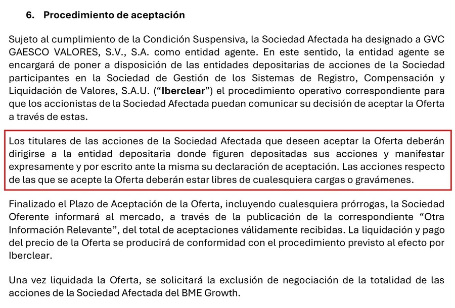Apartado 6 del anuncio de la oferta de HMS, con el procedimiento para aceptar a través de la entidad depositaria.